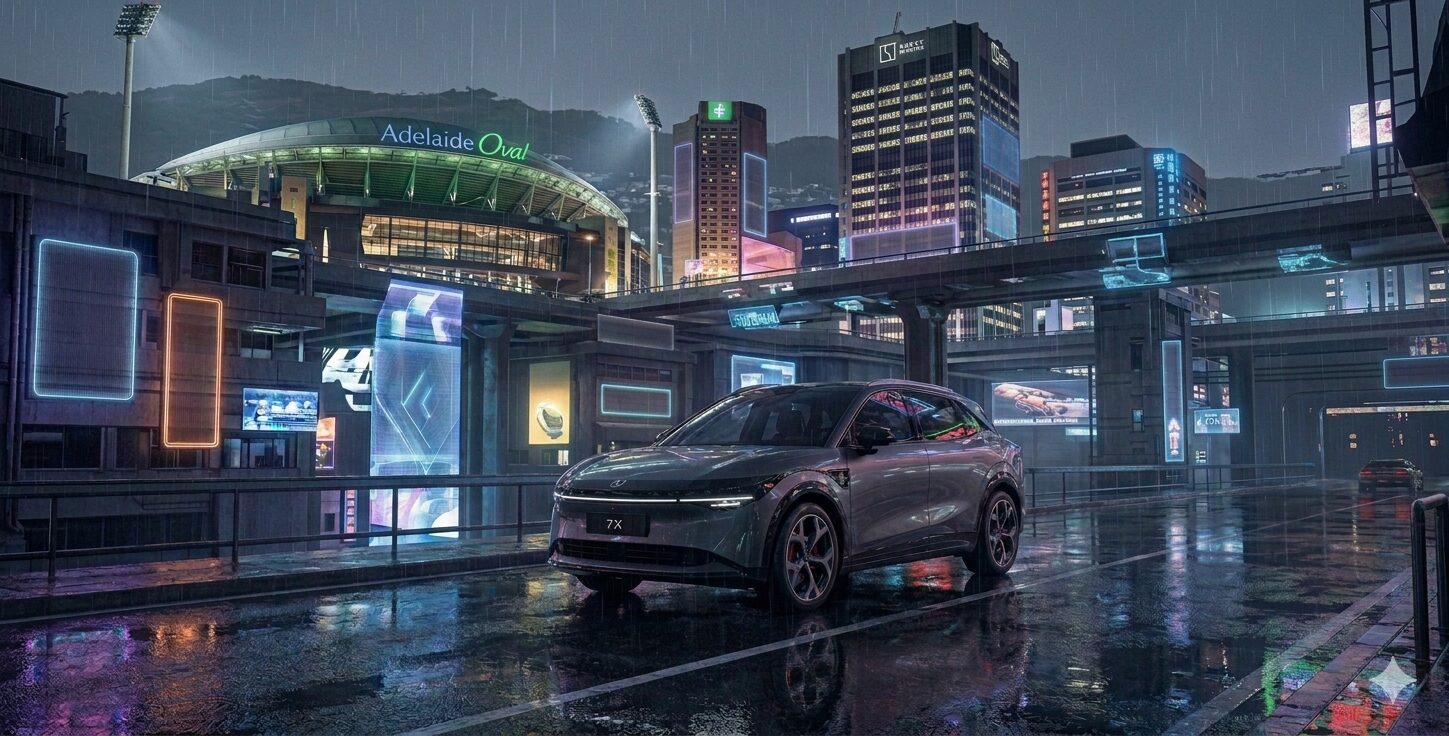 Image of a Zeekr 7X in a Cyberpunk Adelaide